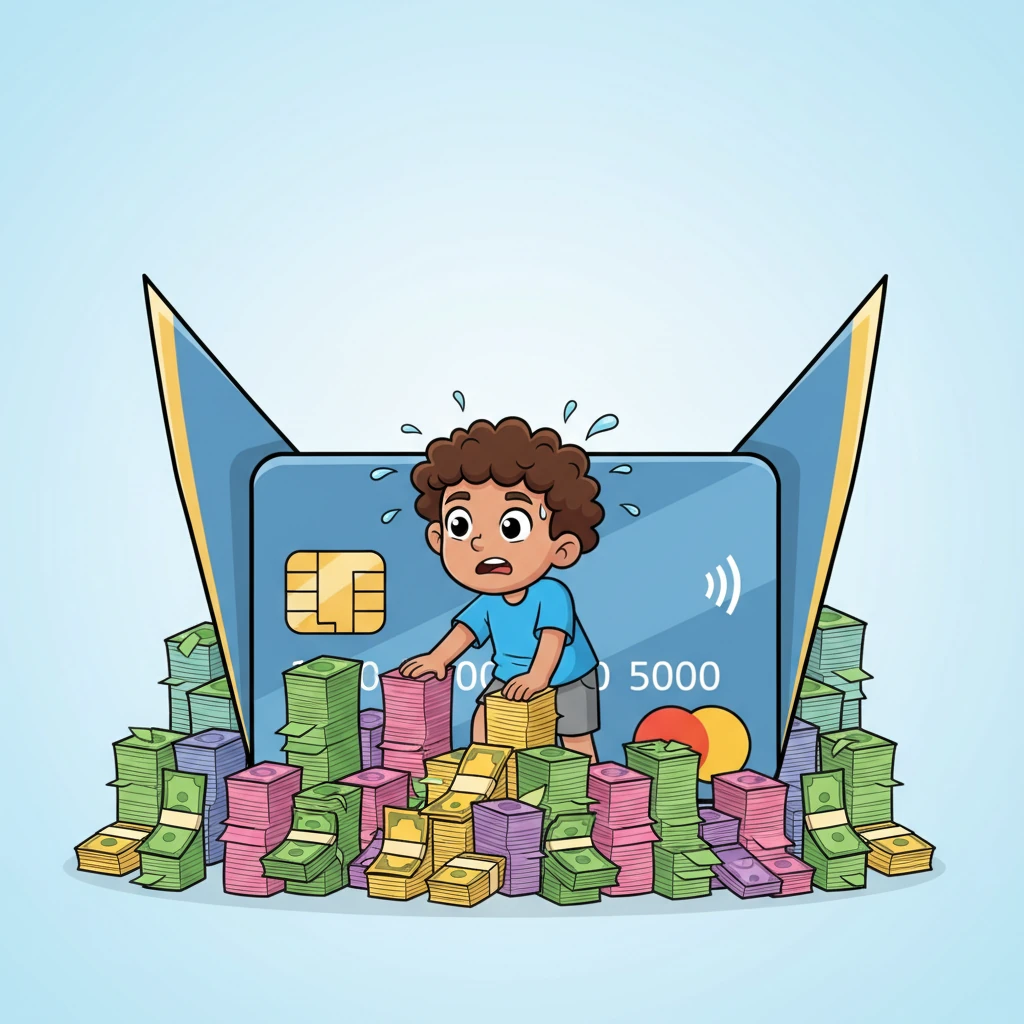 In a dramatic, cartoonish twist, Leo found himself comically trapped inside a giant, looming credit card, its edges sharp and imposing. Piles of colorful bills stacked up around him, forming an inescapable maze. His anxious expression perfectly conveyed the feeling of being buried under debt.