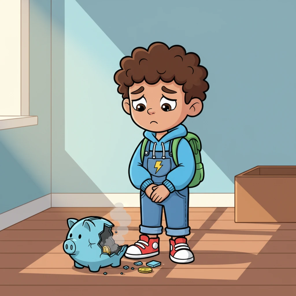 A small, once-proud piggy bank lay shattered on the floor, revealing only dust and a single, lonely coin. Leo looked down at the remains with a mixture of surprise and profound worry, his eyes drooping. The soft lighting emphasized his quiet disappointment and the stark reality of his empty savings.