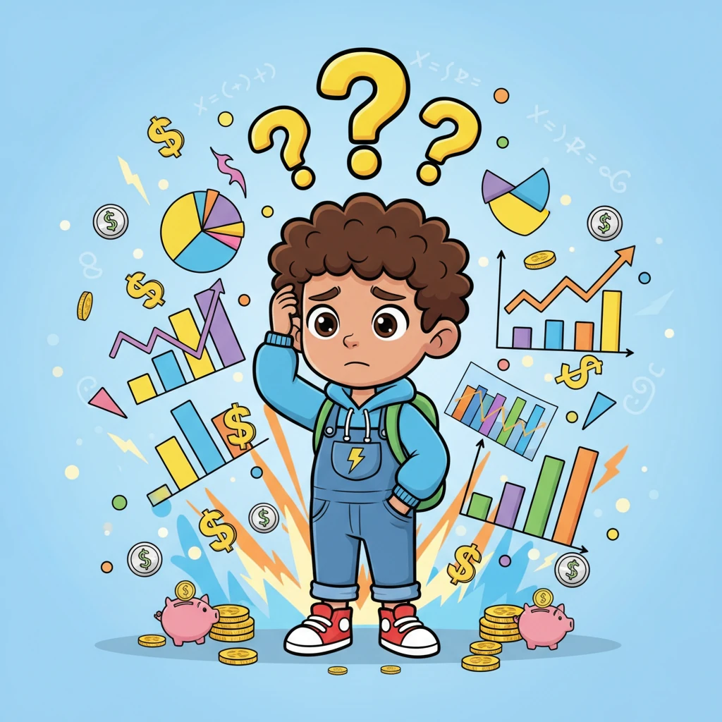 Surrounded by a dizzying array of colorful charts, graphs, and scattered money symbols, a confused Leo scratched his head. Question marks floated around him as he earnestly tried to make sense of his finances. His thoughtful expression showed a genuine effort to understand the complex world of money management.