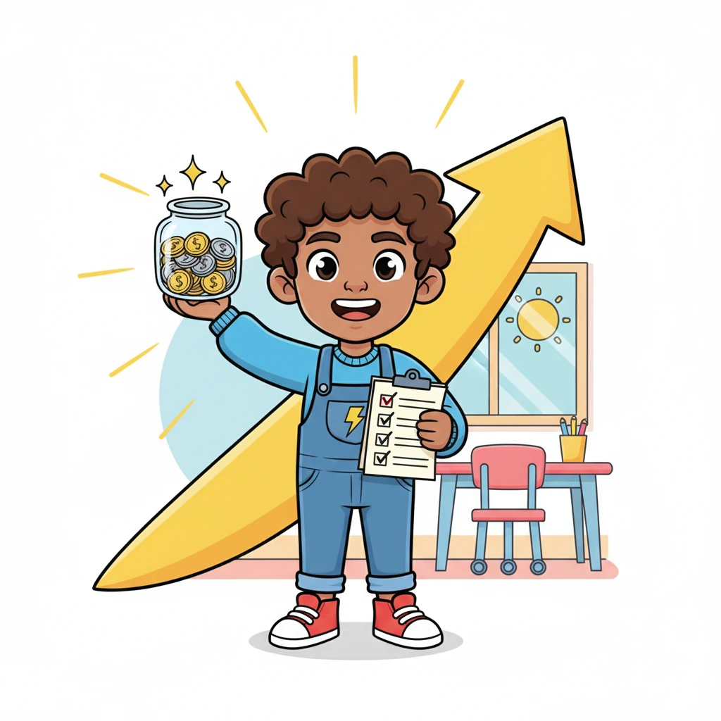 Beaming with pride, Leo stood tall, holding up a sparkling savings jar filled with coins and a completed checklist. A bright, upward-pointing arrow soared behind him, symbolizing his incredible financial improvement. His optimistic mood radiated, showing he had finally mastered his money matters.