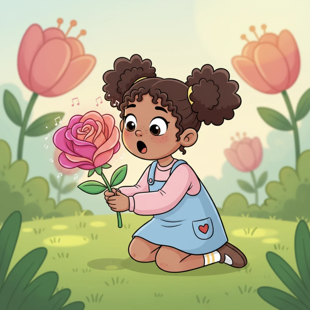 She knelt down to inspect the rose, its petals a swirl of vibrant fuchsia and soft coral. As Lily leaned closer to smell its sweet perfume, she heard a tiny, melodious voice whisper, "Hello there, little one!" Lily gasped, her eyes wide as saucers, and looked around, but no one else was there.