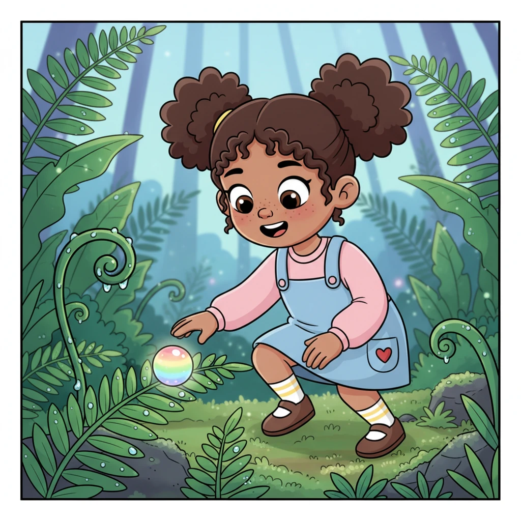 The next morning, before the sun was fully up, Lily tiptoed outside, her heart thumping with excitement. She carefully searched the dewy fern leaves, her fingers gently brushing against the cool, wet greenery. A tiny, shimmering sphere, glowing with all the colors of the rainbow, caught her eye.