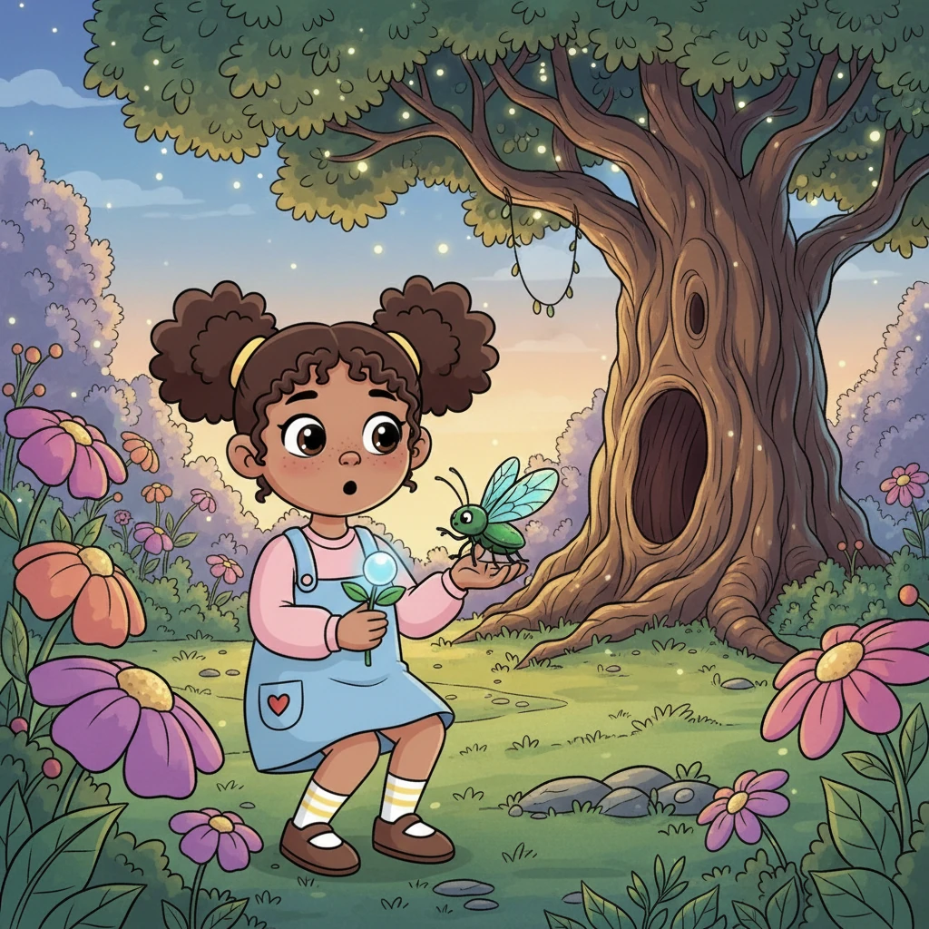 As Lily carefully picked up the Moonpetal Dewdrop, a small, emerald-green beetle with iridescent wings landed on her hand. It wiggled its antennae, then pointed one tiny leg towards the ancient oak tree at the edge of the garden, as if guiding her. Lily felt a tingle of magic.