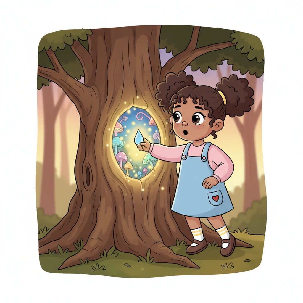 Following the beetle's silent direction, Lily touched the dewdrop to a knot in the oak tree. With a soft shimmer, the knot pulsed with light, and for a fleeting moment, Lily saw a breathtaking glimpse of a luminous forest filled with glowing mushrooms and tiny, flitting lights. It was gone as quickly as it appeared.