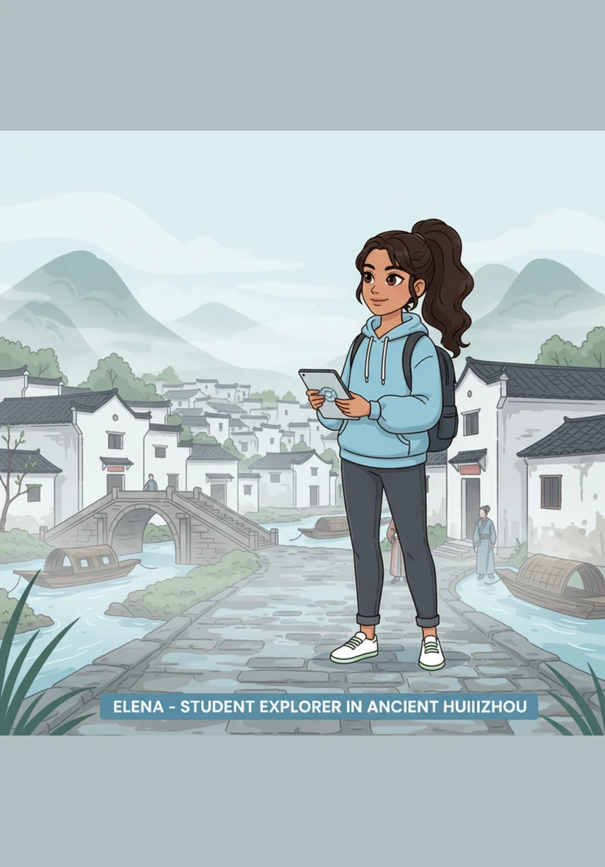 Elena arrives in a misty Huizhou village, her camera and tablet in hand as she gazes up at the towering white walls and dark tiled roofs. The air is cool and smells of ancient stone and rain, marking the beginning of her creative exploration.