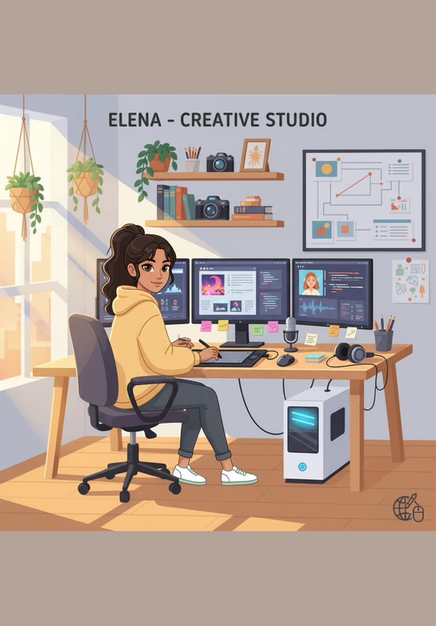 Back in her sunlit studio, Elena tries to recreate the scene using a digital AI tool, but the first result looks like a generic European castle. She realizes the computer does not yet understand the specific soul of Huizhou architecture and its unique silhouette.