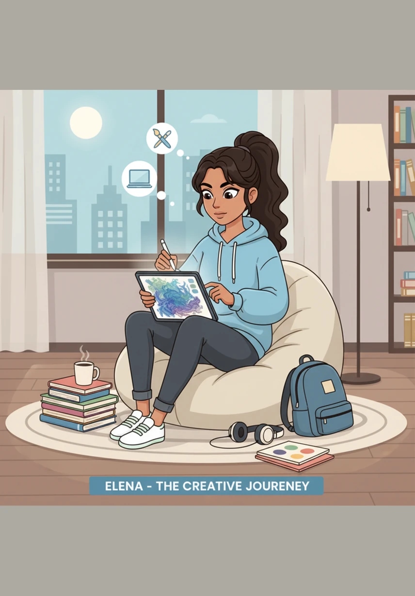 She carefully blends a high-resolution photo she took of an ancestral hall with her digital paintings to ground the story in reality. The contrast between the weathered texture of the old wood and the glowing digital light adds a magical depth to her work.