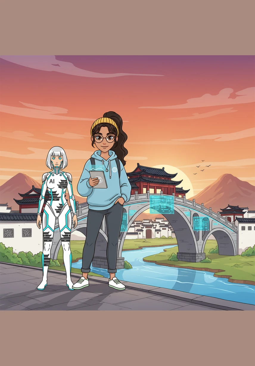 Under a glowing Huizhou sunset that mirrors the colors in her book, Elena completes 'The Bridge of Walls.' Her project stands as a testament to the harmony that can exist when technology, tradition, and personal identity meet.