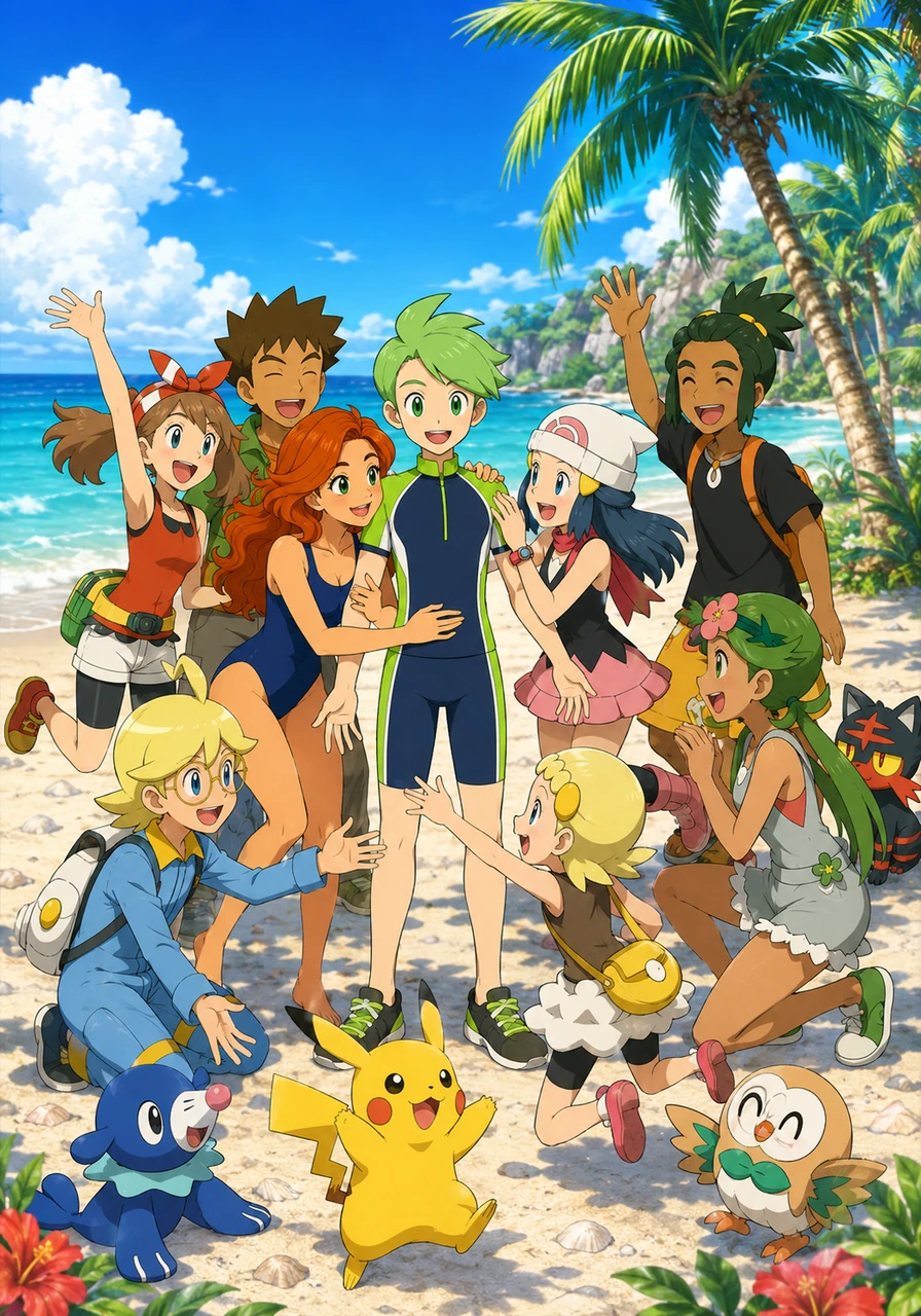 Cilan arrives on the lush, tropical shores of Valencia Island and is soon joined by a joyful group of friends including Iris, Dawn, May, and Max. The excitement grows as Clemont, Bonnie, and a group of trainers from the Alola region appear, turning the quiet beach into a grand reunion under the bright sun.