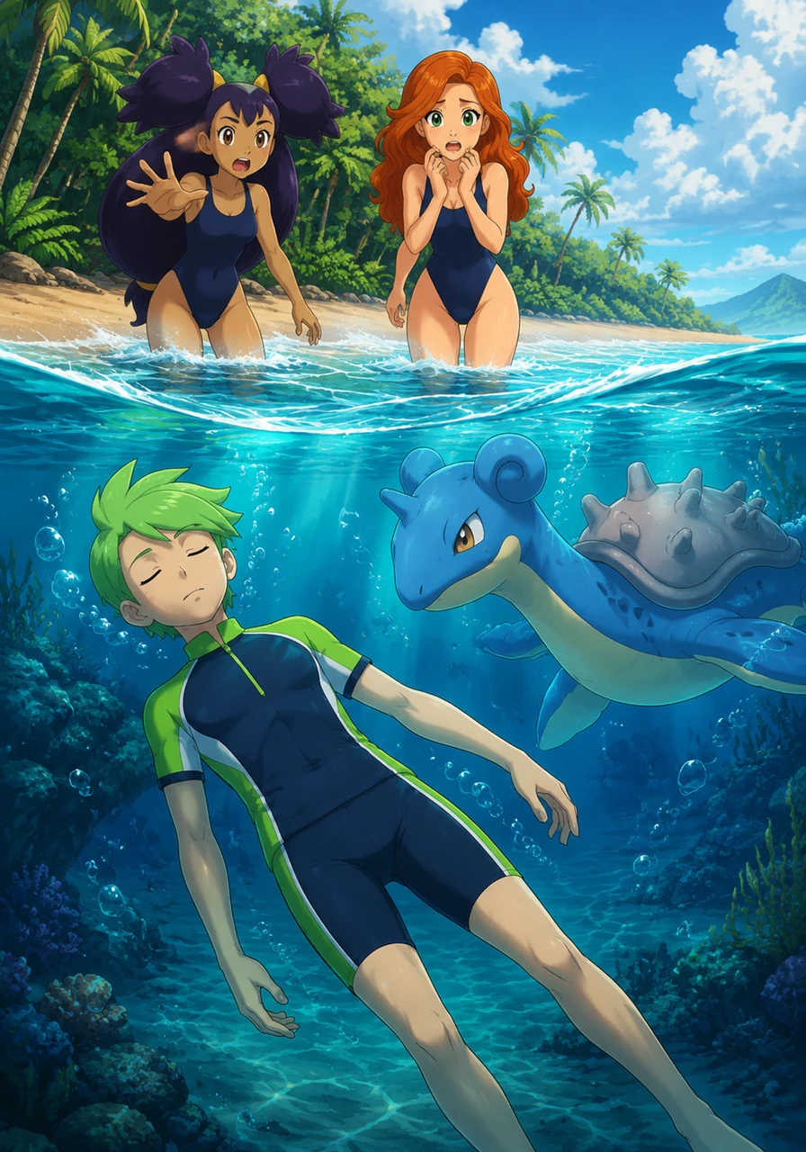 The group decides to cool off in the crystal-clear ocean, splashing and playing in their colorful swimwear while enjoying the waves. Cilan dives deep into the water from a high rock to observe the local water Pokémon, but he becomes trapped in a mysterious slumber as a gentle Lapras passes by, leaving his friends on the shore calling out for him in worry.
