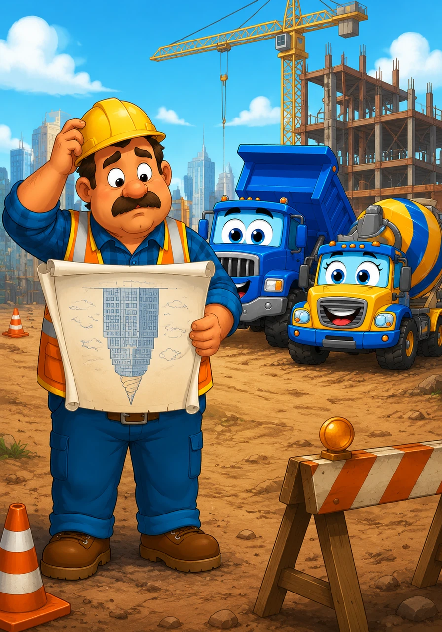 Foreman Fred stood at the edge of the construction site, holding his blueprints with a puzzled look on his face. He didn't realize he was holding the drawings upside down, making the new skyscraper look like a giant ice cream cone. The crew of trucks waited eagerly for his first command, unaware of the silly day ahead.