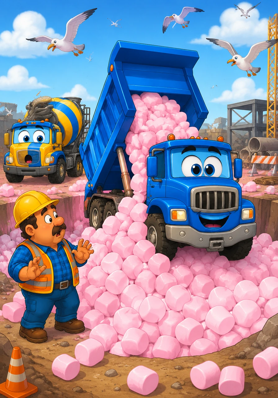 Big Blue the Dump Truck backed up to the main pit with a loud beep-beep-beep. Instead of heavy gravel, a mountain of giant, fluffy pink marshmallows tumbled out of his bed. The workers stared in shock as the site suddenly looked like a sugary wonderland, and a few seagulls began to circle overhead.
