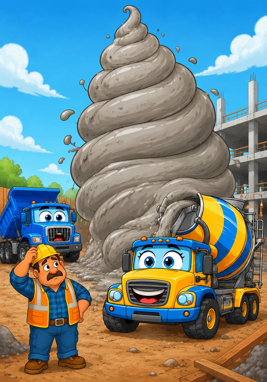 Mixy the Cement Mixer started his engine, but he began to spin much faster than usual. Instead of pouring flat concrete, he created a giant, swirling grey soft-serve swirl that towered over the workers. Foreman Fred scratched his head, wondering if they were building a parking garage or a giant dessert.