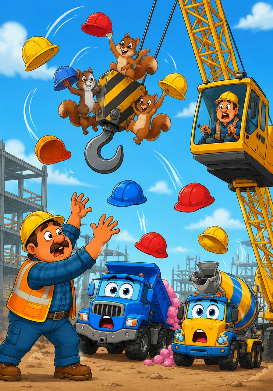 A family of mischievous squirrels climbed onto the hook of the giant crane, operated by a very surprised worker named Barnaby. As the crane swung through the air, the squirrels began to juggle the workers' colorful hard hats. The sky was filled with flying yellow, red, and blue hats while the crew scrambled to catch them.