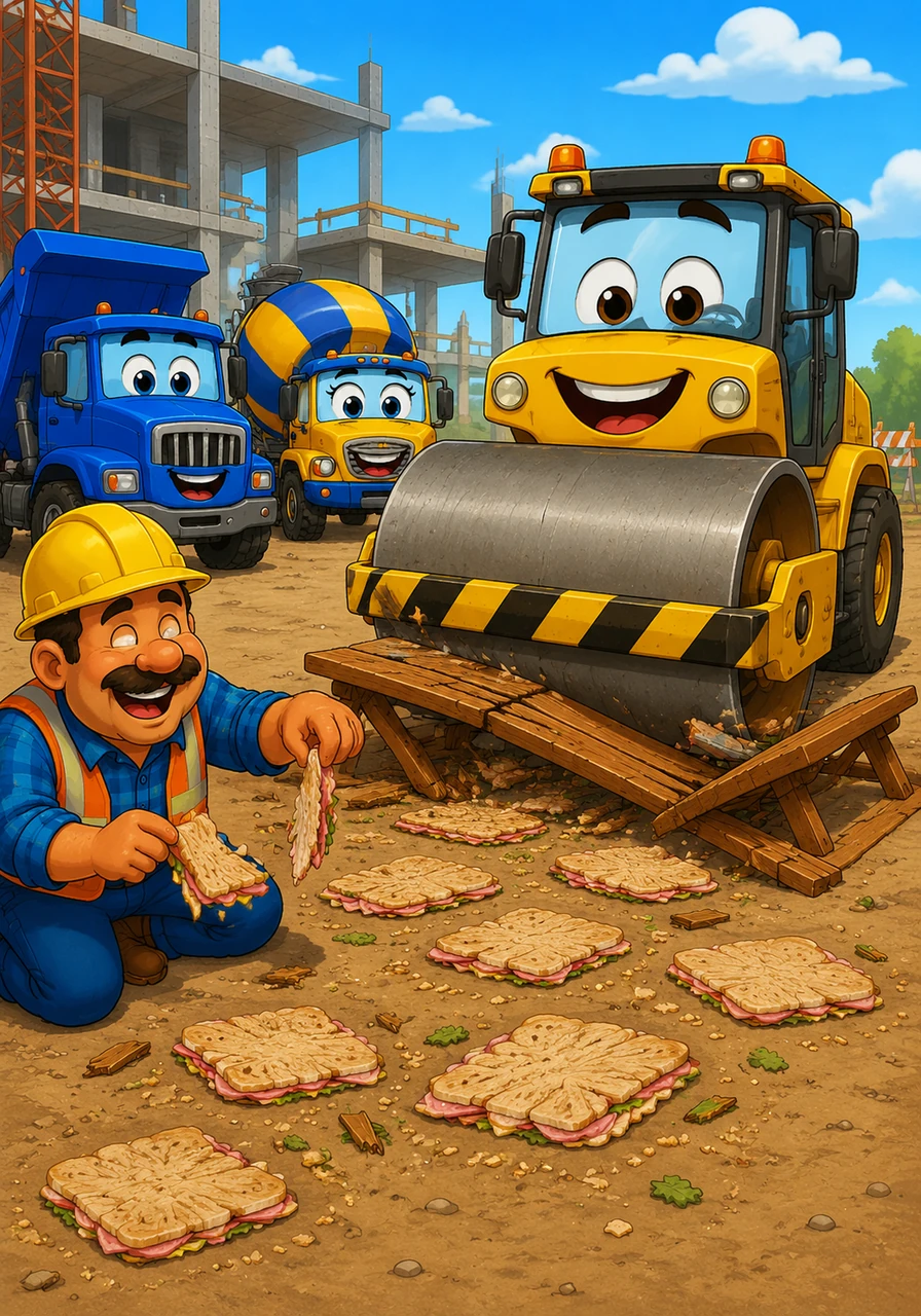 Flattening Phil the Steamroller tried to help clear the lunch area, but he was a bit too enthusiastic. He rolled right over the picnic table, turning the crew's thick ham sandwiches into paper-thin snacks. The workers laughed as they peeled their flattened lunches off the ground like stickers.