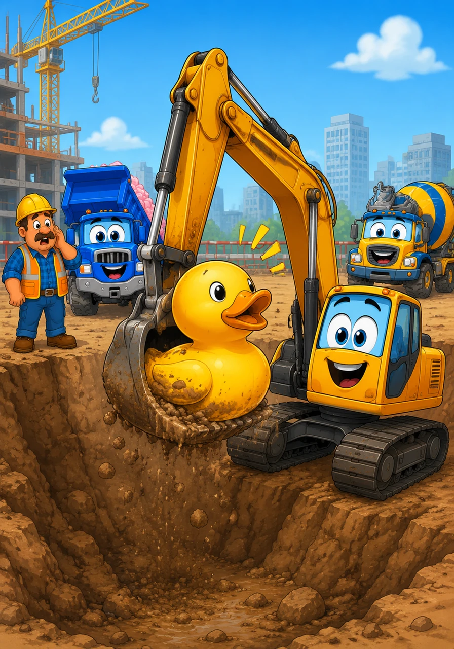 Excavator Ernie dug deep into the earth, hoping to find a solid foundation for the elevator shaft. Suddenly, his metal bucket hit something soft and squeaky instead of a rock. He pulled up a giant yellow rubber duck that had been buried years ago, and it let out a loud squeak that echoed across the site.