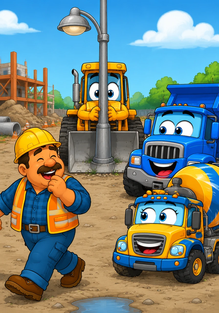 During their afternoon break, the trucks decided to play a game of hide-and-seek. Tiny the Bulldozer tried to hide behind a single skinny lamppost, convinced that no one could see his massive yellow frame. The workers giggled as they walked right past him, pretending he was completely invisible.