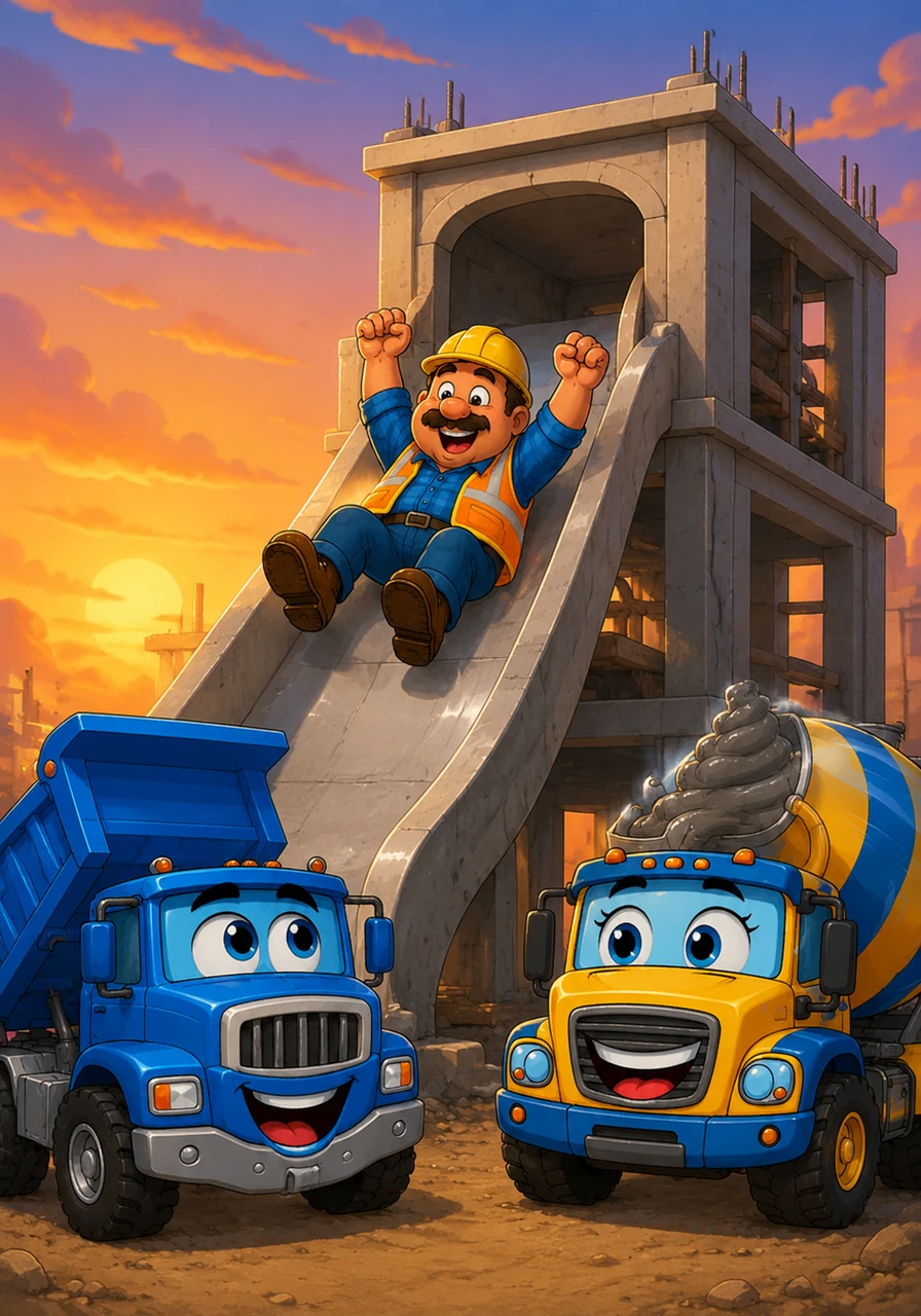 As the sun began to set, the building was finally finished, but it looked very different from the original plan. Because of the upside-down blueprints, the workers had built a giant slide instead of a staircase. Foreman Fred took the first ride down, cheering all the way to the bottom while the trucks honked their horns.