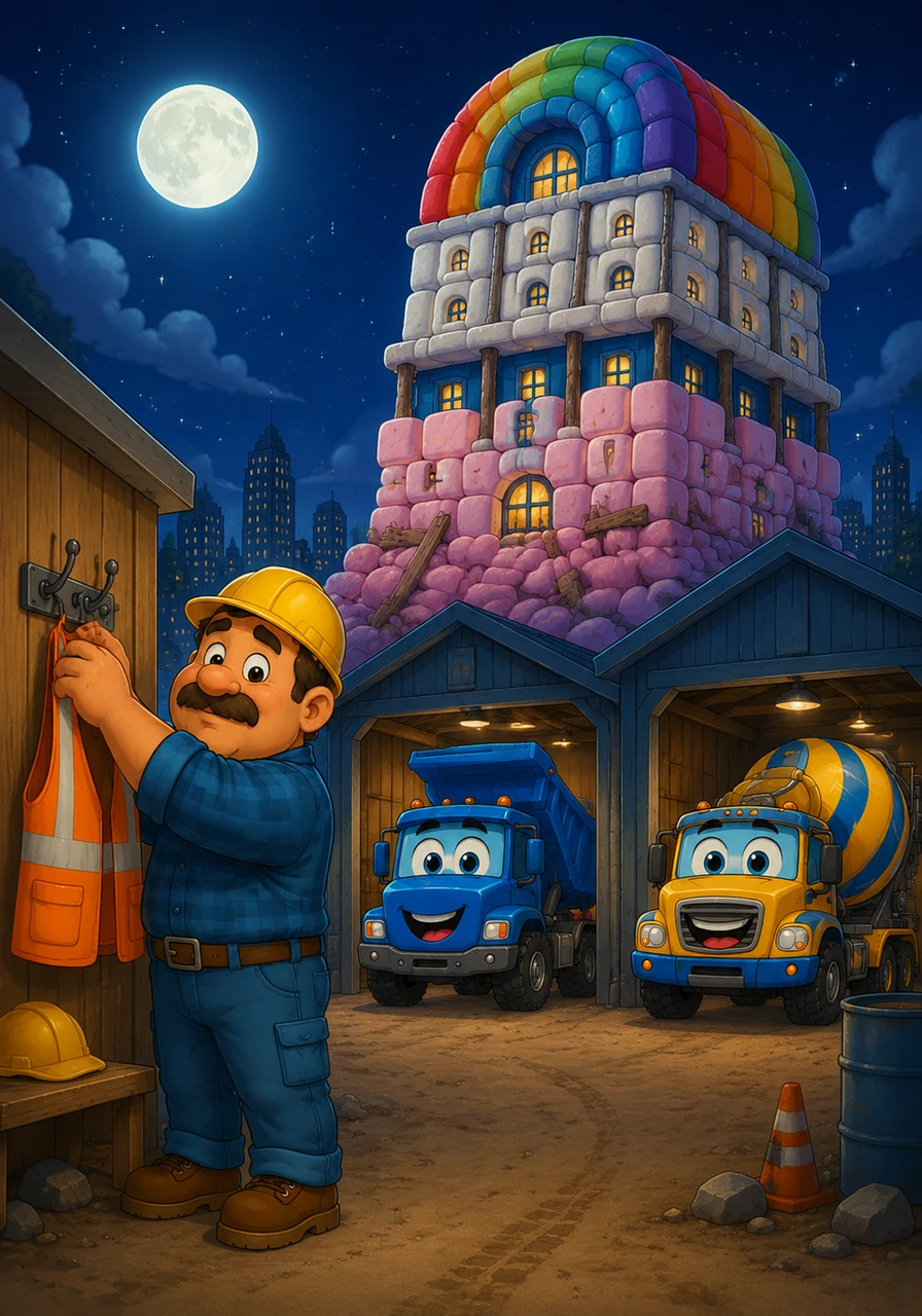 The moon rose over the wobbly worksite, and the tired trucks tucked themselves into their garages. Foreman Fred hung up his dusty vest, proud of his team and their very unique building. It wasn't the tallest skyscraper in the city, but it was certainly the only one with a marshmallow foundation and a rainbow roof.