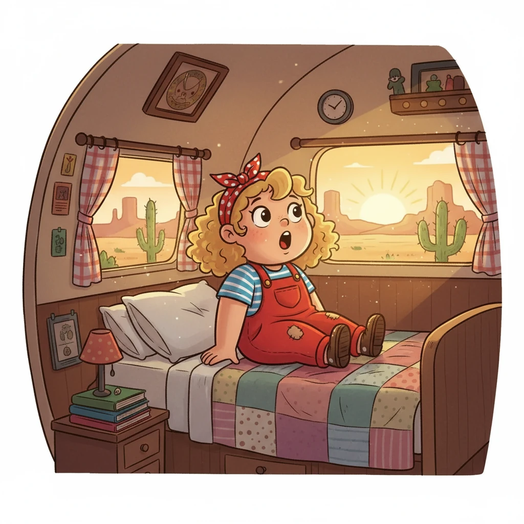 The sun peeked over the desert landscape, casting a warm glow on Poppy's cozy camper. Inside, Poppy, with her bouncy blonde curls, woke up with a start. She gasped, remembering it was Daddy's birthday, and a big surprise was in order!