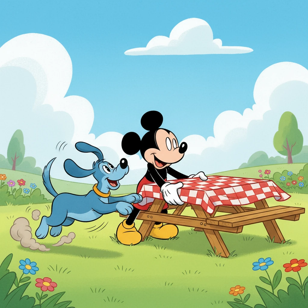 Outside, Mickey Mouse and Blue the dog were already busy. Mickey was setting up a picnic table, and Blue wagged his tail so hard that dust clouds puffed into the air. "Good morning, Poppy!" Mickey called. "Bow wow!" barked Blue, ready for an adventure.
