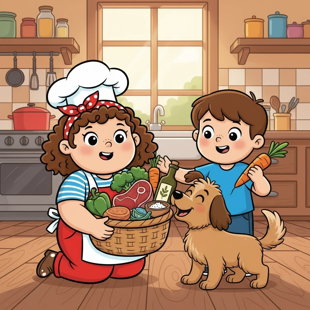 With a plan in mind, Poppy and Mickey gathered ingredients in a basket: grass-fed steak, fresh vegetables, organic olive oil, and sea salt. Blue sniffed the basket, excitedly wagging his tail. They were going to make Daddy a healthy and delicious meal.