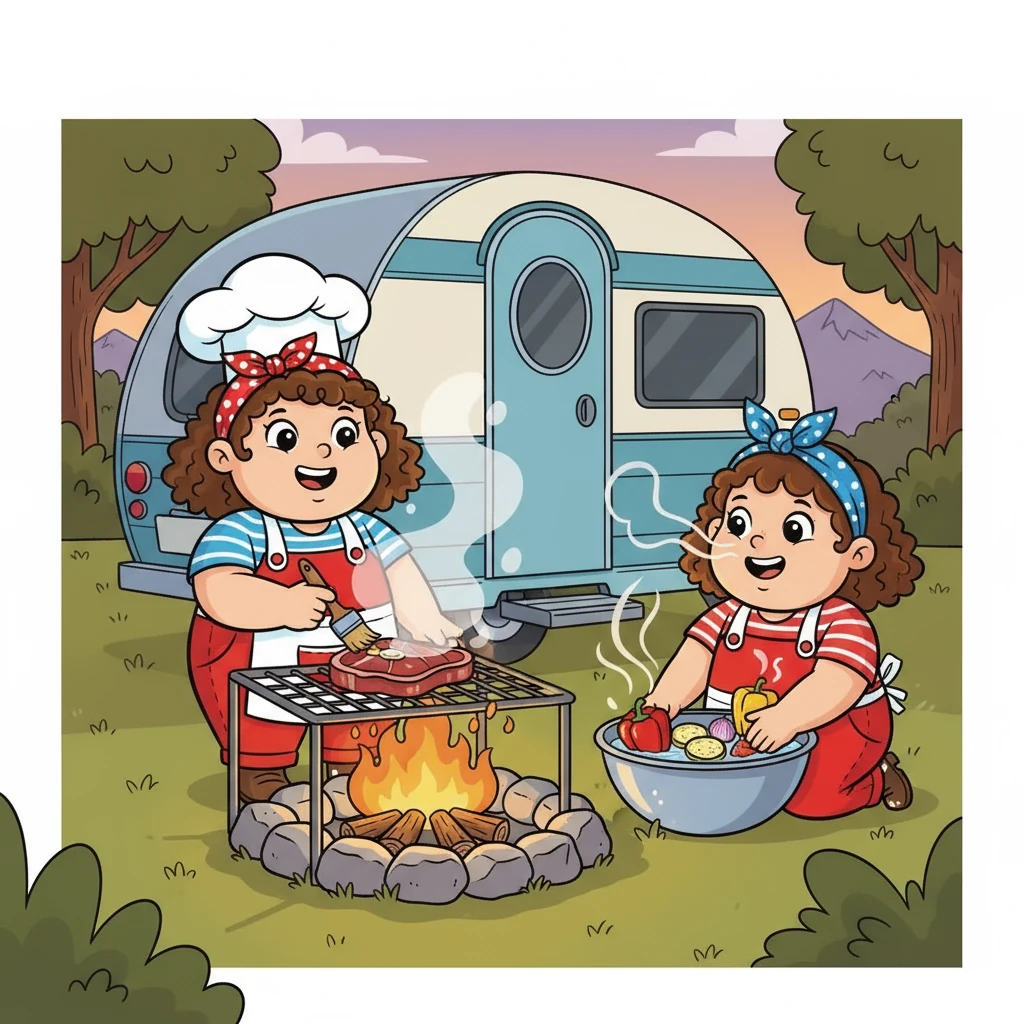 Behind the camper, a tiny rock fire pit crackled with flames. Mickey brushed olive oil on the steak while Poppy washed bright red peppers, onions, and yellow squash. The air filled with the savory aroma of cooking food, making everyone's tummies rumble.