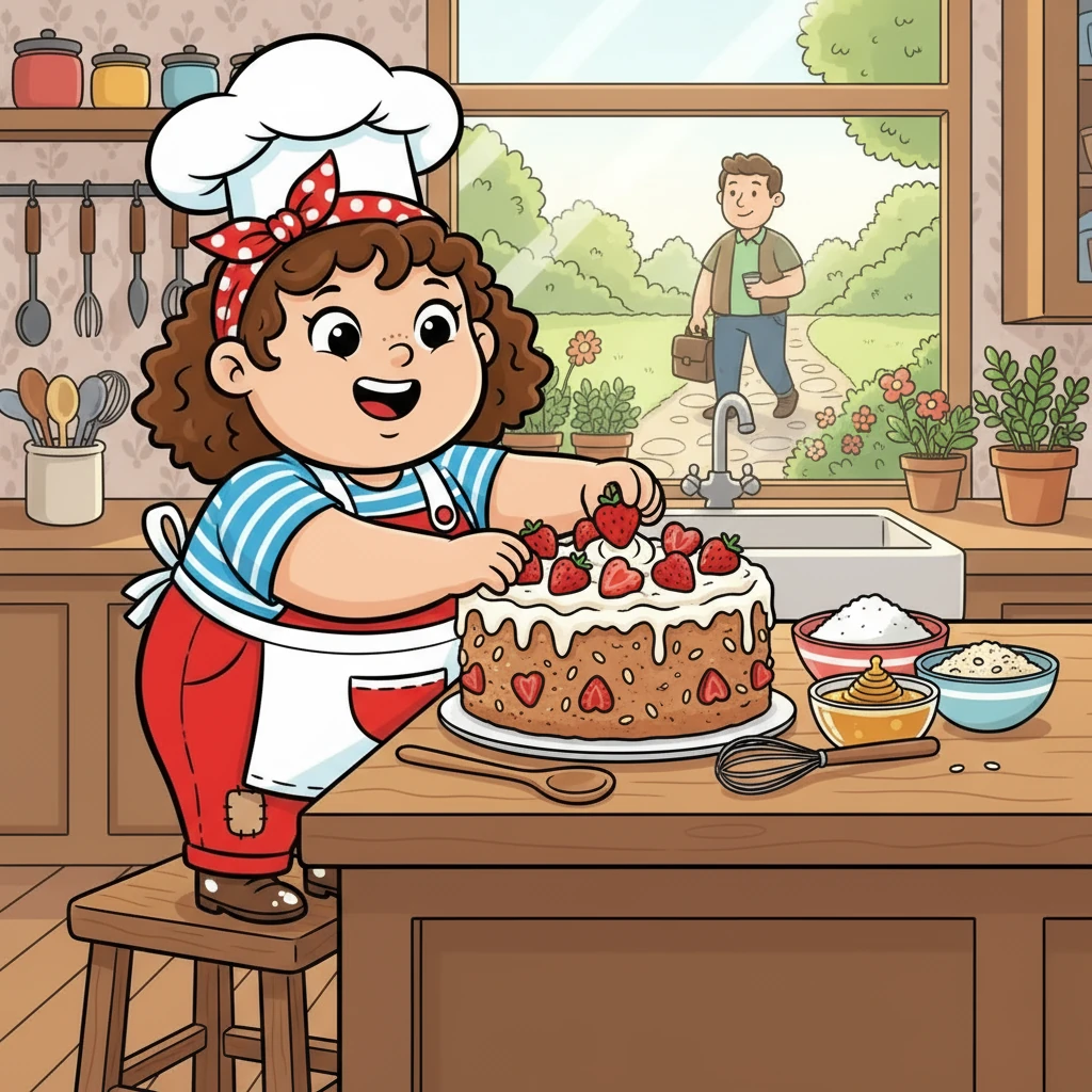 Next, they baked a special cake with almond flour, rolled oats, and raw honey. Poppy, giggling, helped top it with whipped coconut cream and heart-shaped strawberries. As they prepared, Daddy walked up the path, completely unaware of the surprise.