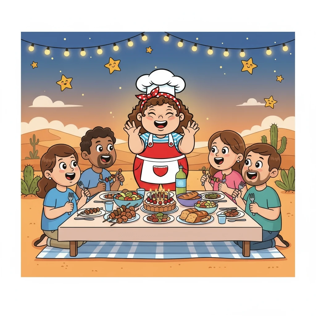 Under the warm desert sky, they shouted "Surprise!" Daddy's eyes widened with joy. They all ate together, enjoying the perfect meal, and the stars smiled down on Poppy's perfect, healthy birthday feast for Daddy, filled with love and laughter.