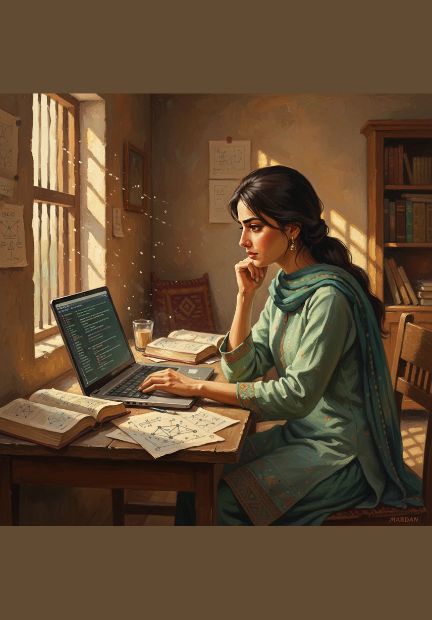 With a glowing laptop screen as her primary guide, Aneesa dives into the world of Codanics, teaching herself the intricate scripts of machine learning. The quiet night sky over Pakistan watches as she bridges the gap between social science and digital innovation through sheer determination.