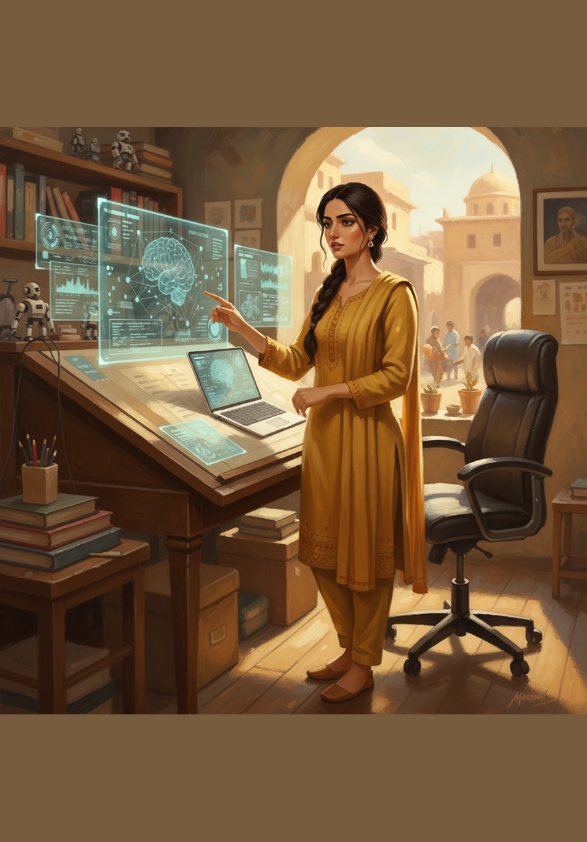 Aneesa develops an advanced NLP system, visualizing words as glowing threads that can detect signs of mental health risks and radicalization in text. She believes that algorithms should be used as tools for empathy, protecting the vulnerable through the power of code.