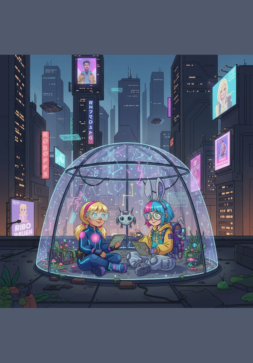 Di bawah pohon rindang yang sejuk, mereka duduk melingkar sambil berbagi bekal camilan lezat dan buah-buahan segar. Suasana terasa sangat hangat dengan sinar matahari kuning keemasan yang menembus celah dedaunan, menciptakan bayangan yang menari di tanah.