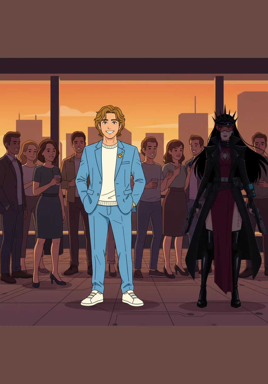 Under the golden glow of a crowded rooftop lounge, Andrea charms the crowd with his effortless warmth and a gleaming gold watch. At the edge of the shadows, Hiara watches him with cool, calculating eyes, her presence a dark and elegant mystery amidst the swirling noise of the party.