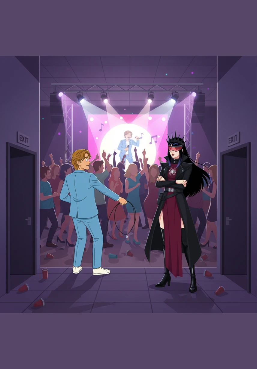 Music thumps through a crowded house party as Andrea is pulled toward the karaoke stage, his eyes searching for a spotlight. Hiara stands firmly by the exit with her arms crossed, offering a silent ultimatum that forces Andrea to choose between the applause of strangers and the intensity of her gaze.