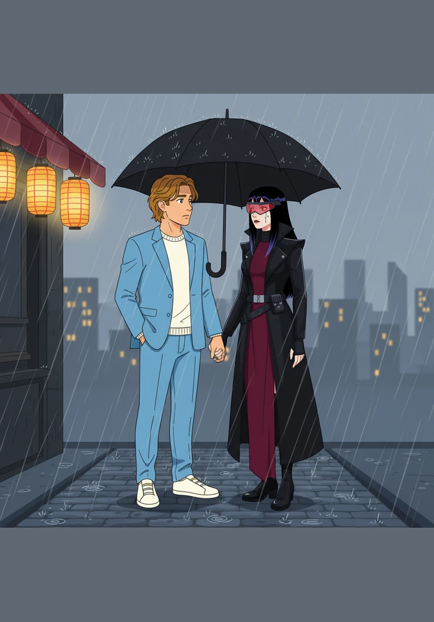 The city lights blur through a soft drizzle as Andrea finally drops his performer persona, his damp shirt clinging to him as his confidence wavers. In the quiet of the rain, Hiara steps into his space to tell him that the version of him no one else sees is the only one she truly cares about.