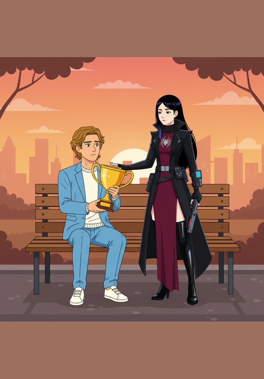 On a park bench at sunset, Andrea proudly displays a new trophy, but his face falls when Hiara initially treats it as a mere piece of metal. Seeing his hurt, she softens and acknowledges the hard work he poured into the achievement, realizing that his need to be seen is a part of the man she loves.