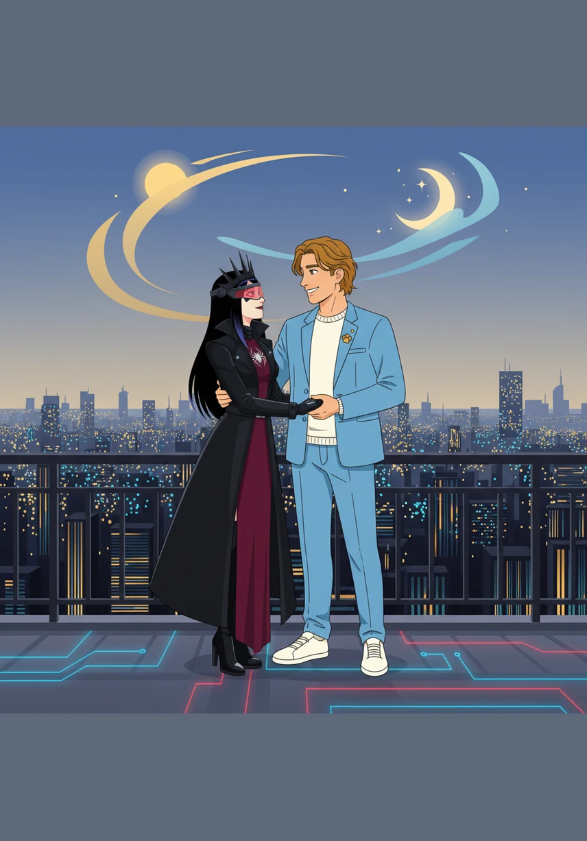 Standing together on a balcony overlooking the sparkling city, the Sun and the Moon find their perfect harmony. They acknowledge their beautiful masterpiece of a relationship, realizing that while he keeps her from the dark, she gives him a reason to stop looking at the crowd and start looking at the stars.