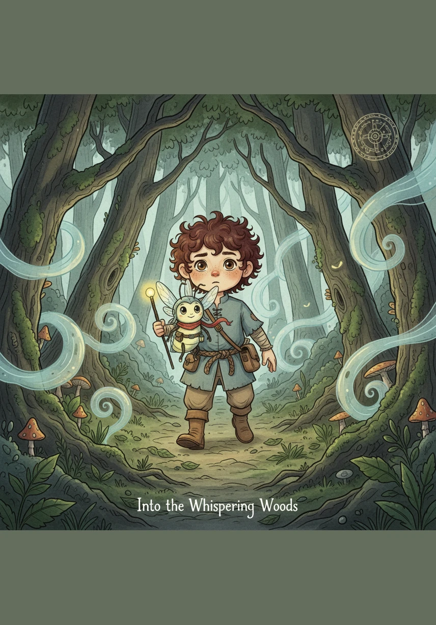 The Whispering Woods were thick with trees that hummed like a choir of bees in the afternoon sun. The wind was a silver flute, playing a gentle melody that guided Barnaby deeper into the emerald shadows and dancing leaves.