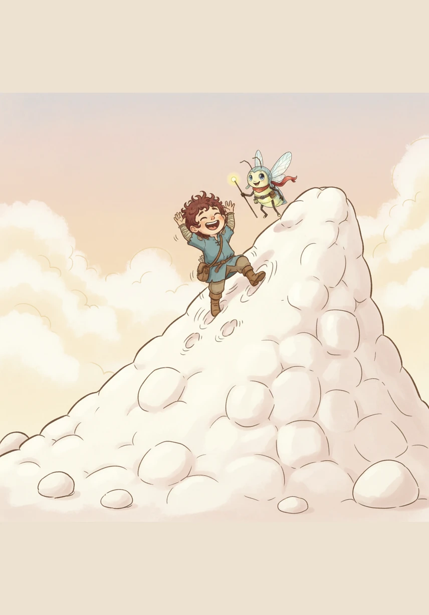 They reached Marshmallow Peak, where the ground was as soft and bouncy as a cloud. Barnaby thought climbing the steep slope would be a piece of cake, but he soon found himself giggling as the mountain began to tickle his toes.