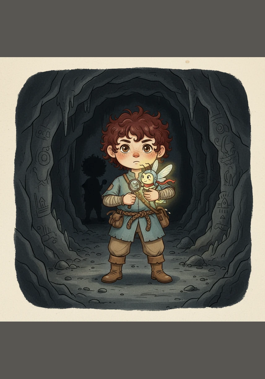 Deep inside the Shadow Cave, Barnaby felt a shiver run down his spine, but he reminded himself that fear is often just a paper tiger. He took a deep breath, held Pip close, and stepped bravely into the darkness with a steady heart.