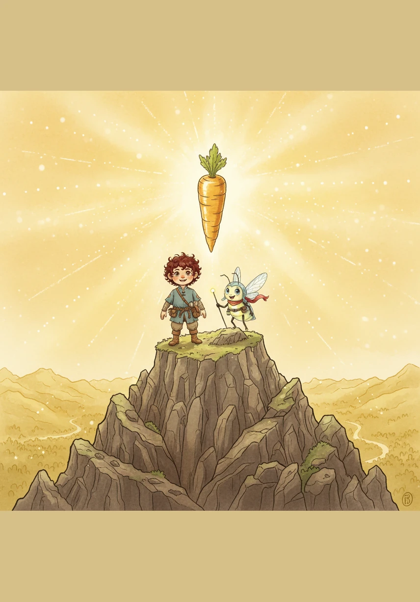 At the very summit, they discovered the Golden Carrot of Wisdom, which shone like a thousand suns. It was not meant for eating, but was a magical beacon that filled the entire valley with the warm light of kindness and understanding.