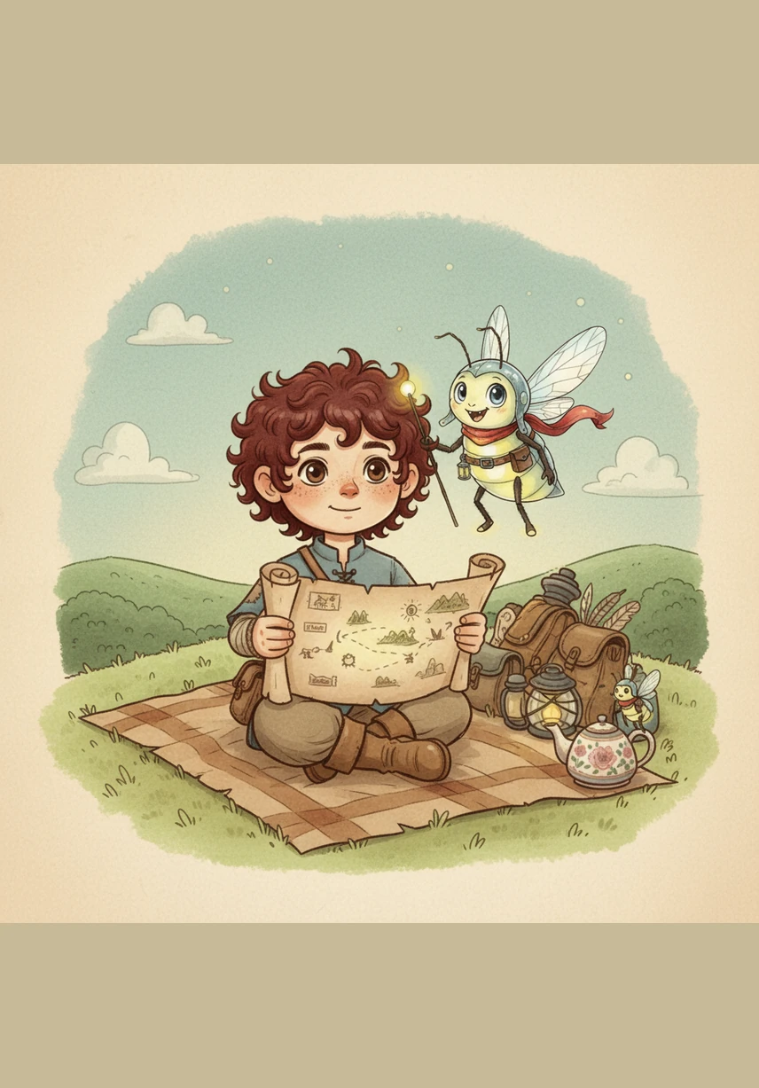 Now it is time to look back at our big adventure and learn the meaning of our fancy new words. Can you spot the hidden teapot, the glowing map, and the tiny firefly hidden in this final celebration of Barnaby's brave journey?