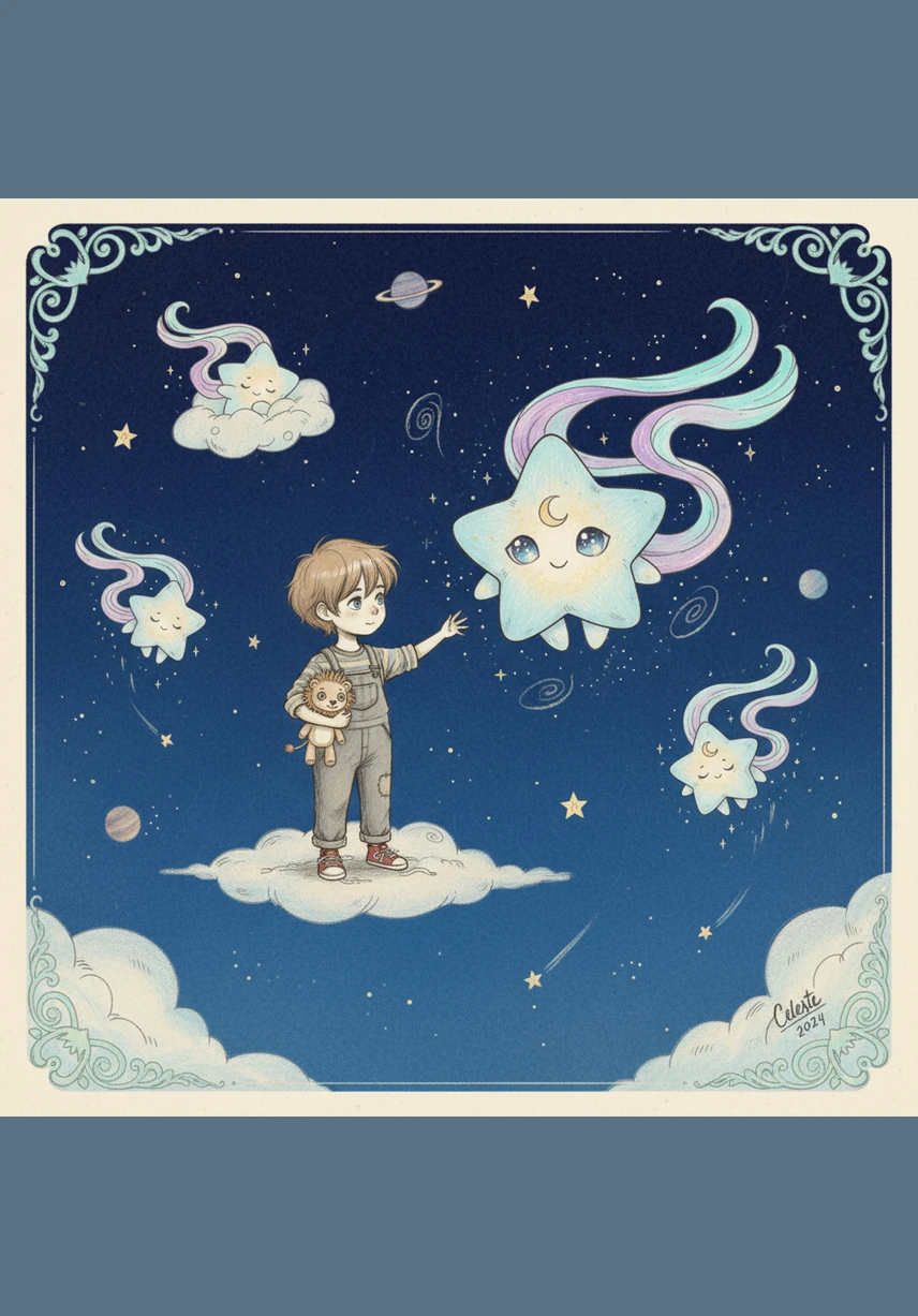 High above in the velvet blue sky, a tiny star named Nova watched over the world with a bright, curious smile. Unlike the other stars, Nova had a special glow that pulsed with the rhythm of a gentle, celestial lullaby.