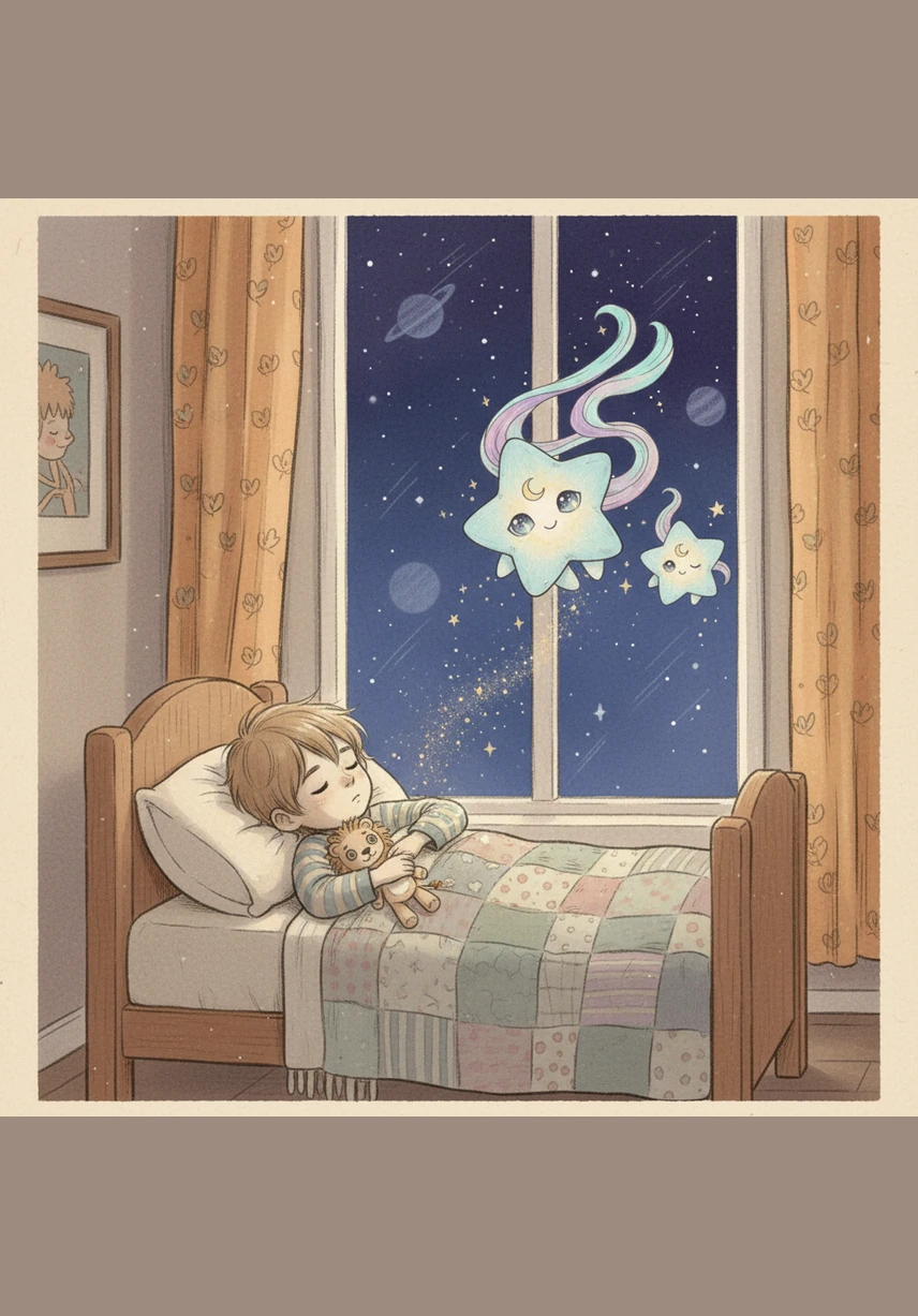 Seeing Leo drift into a peaceful slumber, Nova decided to share a bit of her magic. She tumbled from her perch in the sky, leaving a trail of shimmering stardust behind her as she glided toward the cozy bedroom window.