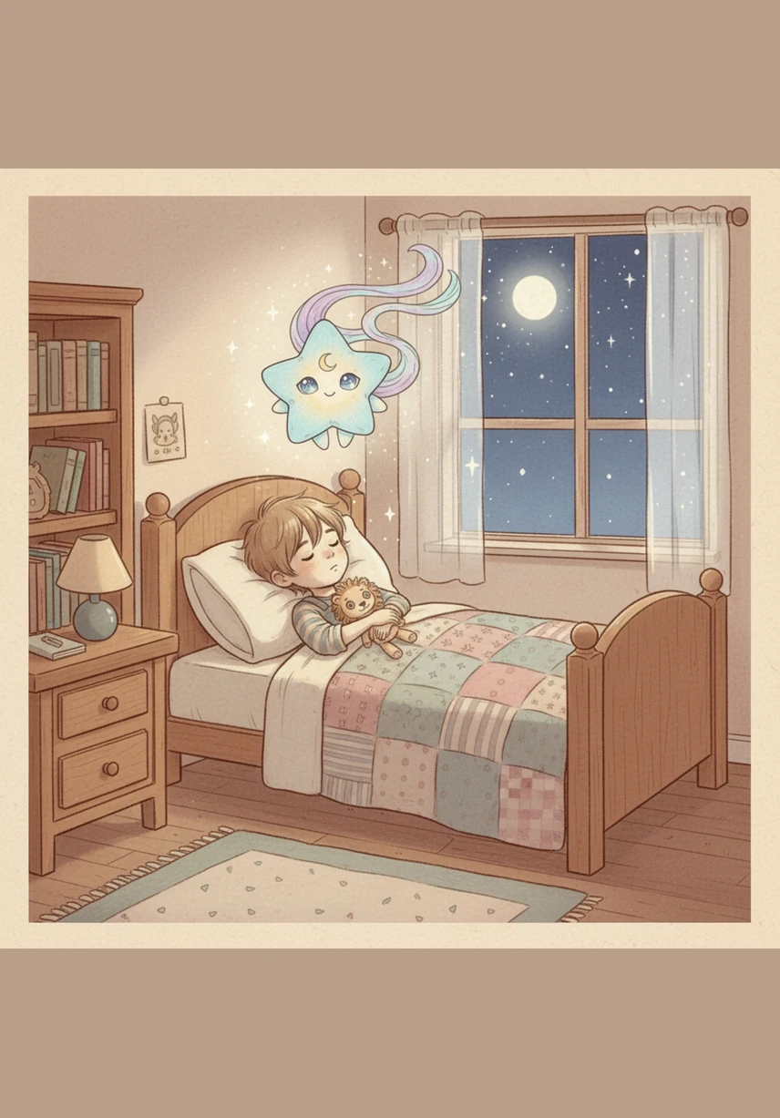 Nova drifted through the open window, her warm light filling the room with a soft, amber glow. The shadows danced playfully on the walls as she hovered silently above Leo’s sleeping head, casting a protective light over him.