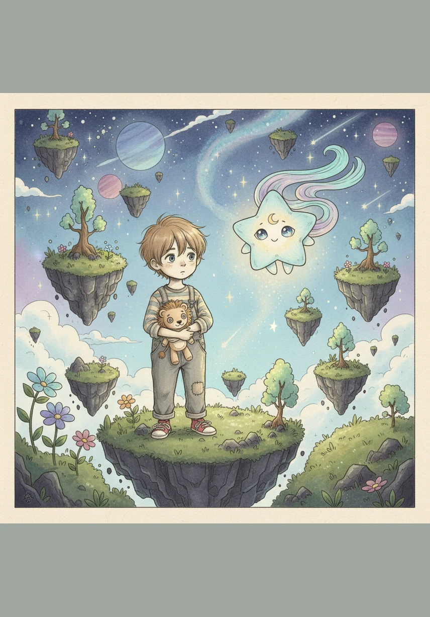 The room transformed into a dreamscape where the walls seemed to melt away, revealing a world of floating islands and glowing flowers. Nova led the way, acting as a tiny lantern guiding Leo through the vast and beautiful night.