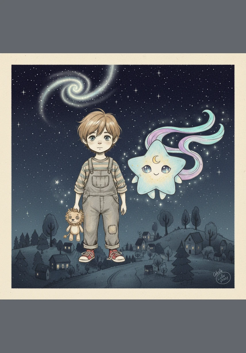They floated together over the quiet village, seeing the rooftops dusted with silver moonlight. The smiling crescent moon looked down kindly from above, nodding a silent greeting to the little star and the dreaming boy.