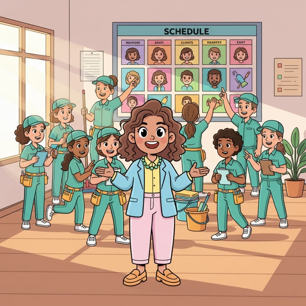 Tara, a vibrant entrepreneur with a sparkling smile, proudly oversees her busy cleaning team. Twelve cheerful workers, each with a distinctive uniform, are bustling around a colorful schedule board filled with happy client faces. Sunlight streams into her bustling office, highlighting the well-organized chaos of a successful week.