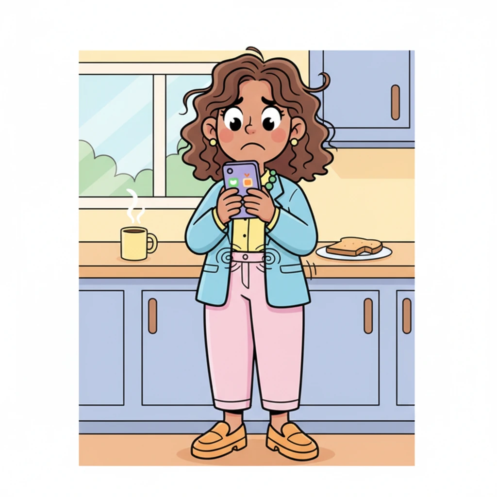 The peaceful morning is shattered by a frantic buzz from Tara's phone at 6:17 a.m. Her eyes widen in alarm as she reads a message from Lisa, a star cleaner, who is sadly too sick to work. Tara's cheerful expression instantly twists into a worried frown, her stomach doing a flip-flop.