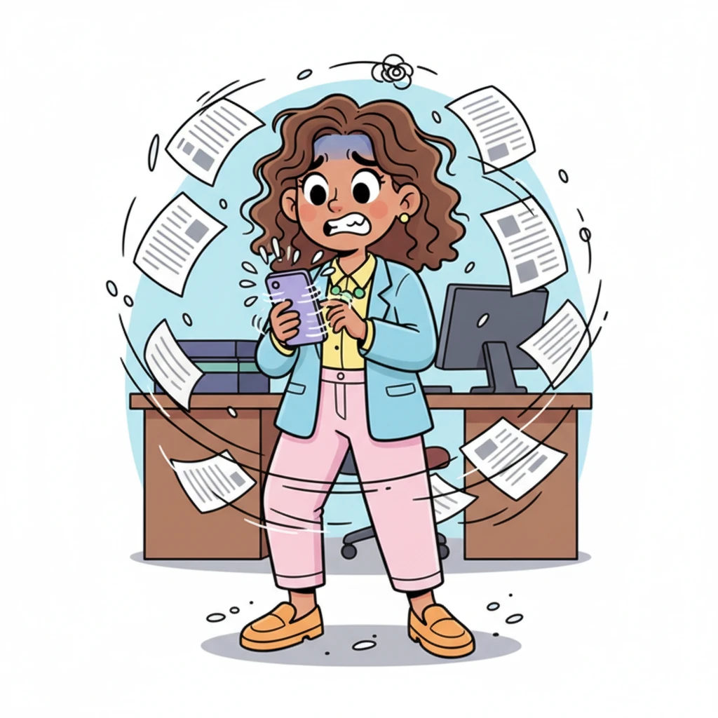 Tara's fingers fly across her phone, sending out a flurry of desperate texts to her usual reliable crew. She then jumps into a chaotic group chat, followed by posting on social media, but only receives crickets, vague replies, or offers from unreliable strangers. Her office is now a storm of stress, papers flying around her.